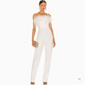 UNIQUE FEATHER TRIM STRAPLESS WIDE LEG JUMPSUIT - WHITE